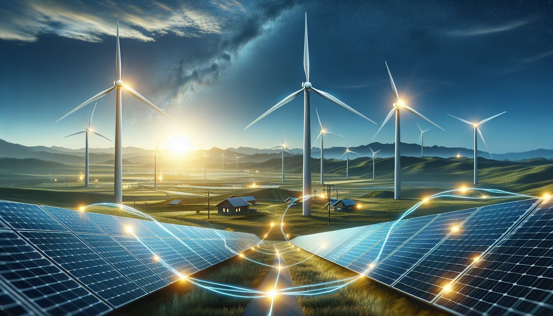 Solar panels and wind turbines in a hybrid power solutions