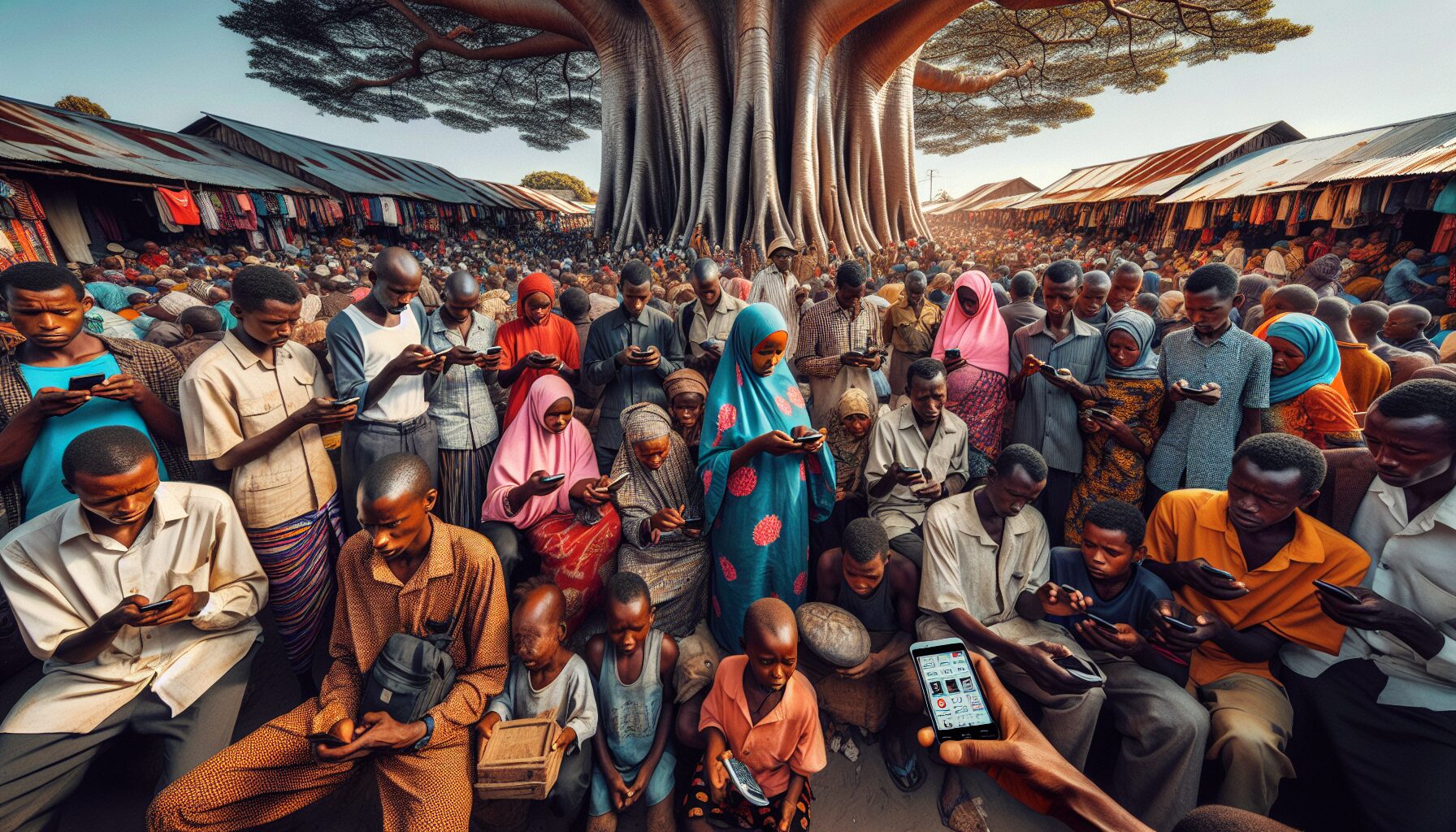 A group of people in Tanzania using mobile phones for communication and digital transactions