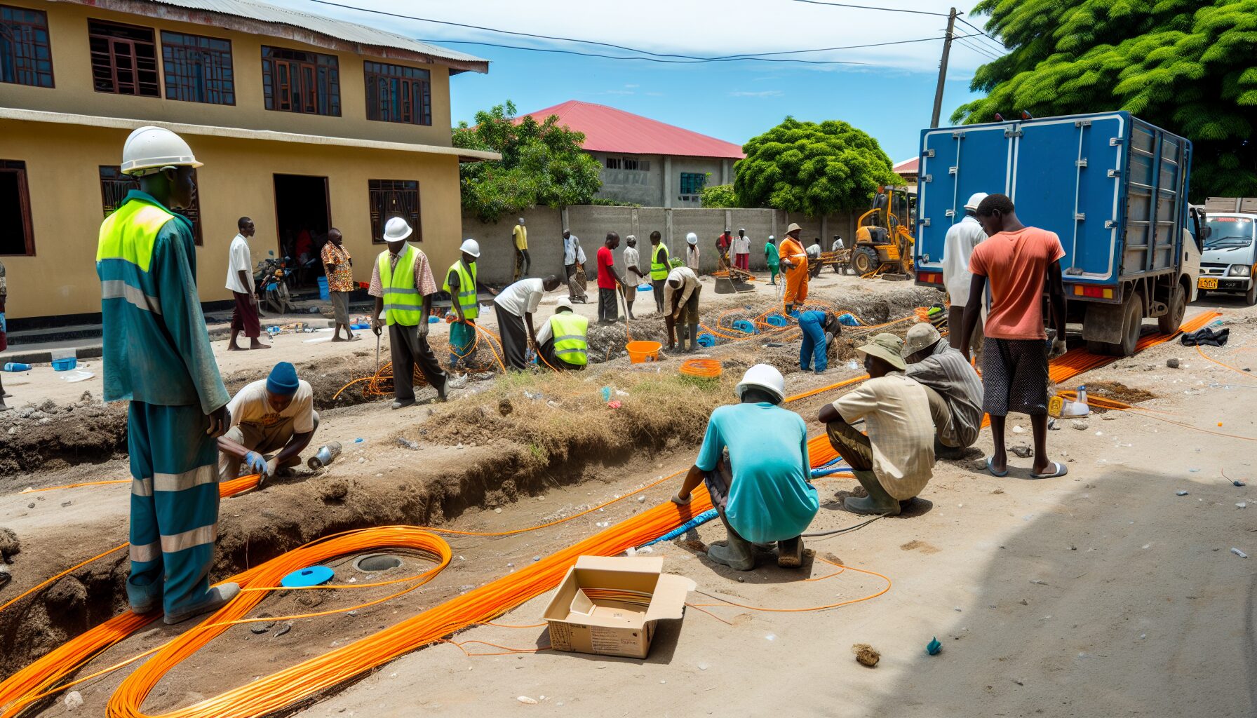 Workers laying down fiber optic cables for broadband expansion in Tanzania
